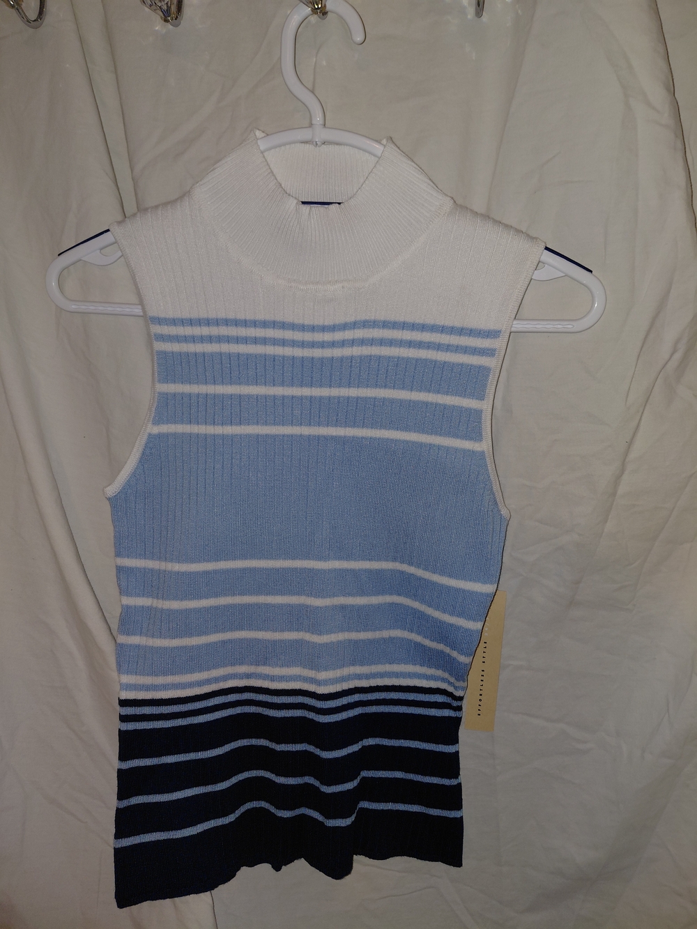 Sleeveless Mock Neck Striped Knit Top - White & Light Blue